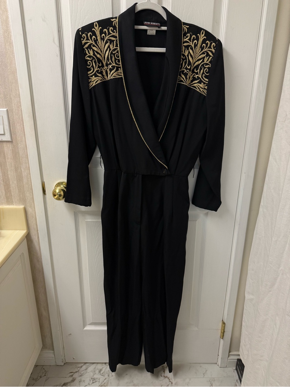 Vintage 80s John Roberts Black & Gold Embroidered Lapels Jumpsuit Size 9/10